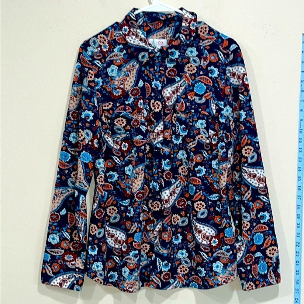 Beautiful Blue Paisley Print Button Down Shirt By Denim & Company. Size Medium